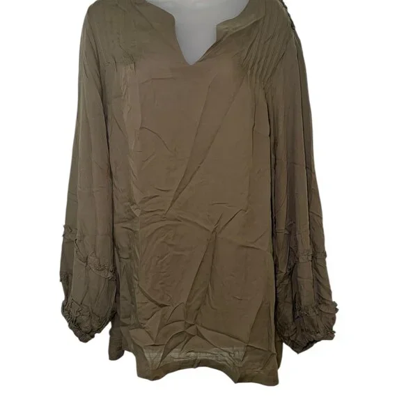 Harshman Kuniko Blouse Sage Green 2X Tencel Pintuck Ruffle NWT